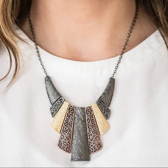 Cave Girl Grotto Gold Copper Multi Necklace & Earrings Set - Picture 1 of 4